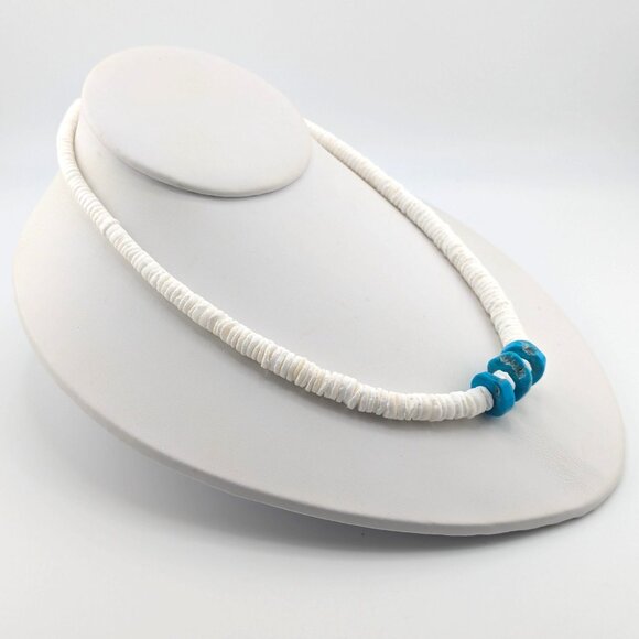 Navajo Graduated White Shell with Kingman Turquoise Beaded Necklace NA Jewelry * - Picture 5 of 11